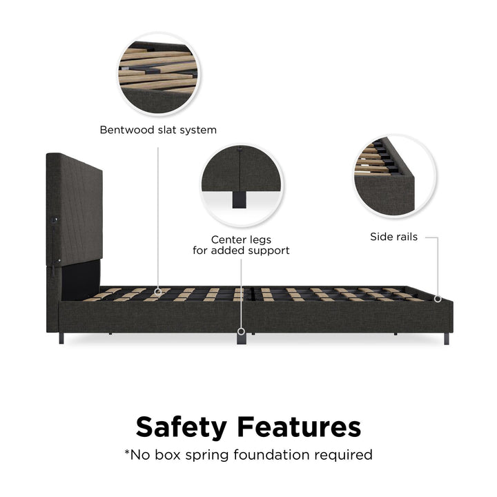 Paxson Upholstered Bed with USB Port and Wood Slats - Gray - King