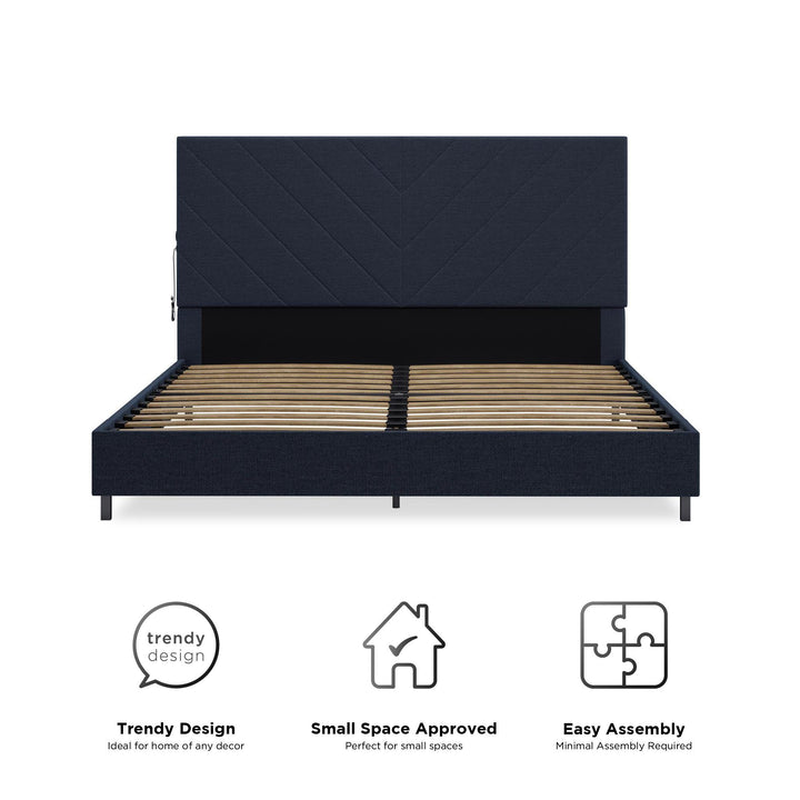 Paxson Upholstered Bed with USB Port and Wood Slats - Navy - Queen