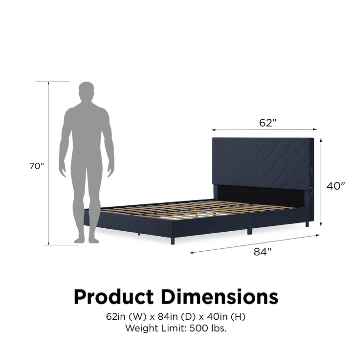 Paxson Upholstered Bed with USB Port and Wood Slats - Navy - Queen