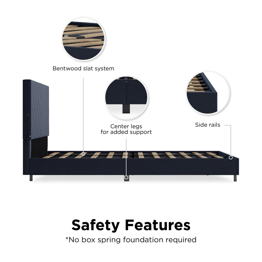 Paxson Upholstered Bed with USB Port and Wood Slats - Navy - Queen