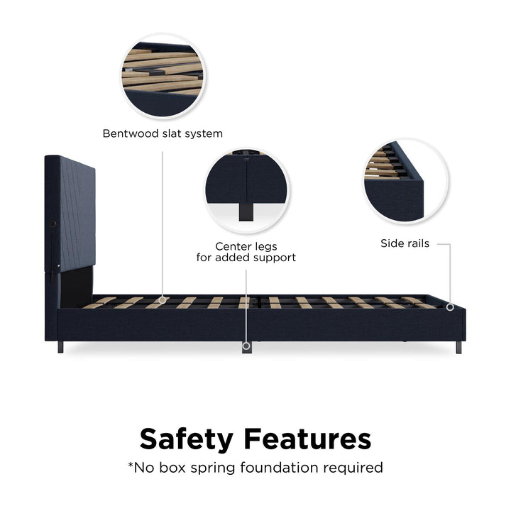 Paxson Upholstered Bed with USB Port and Wood Slats - Navy - Queen