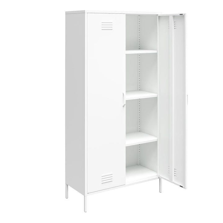 Tall metal storage cabinet with doors and shelves - White
