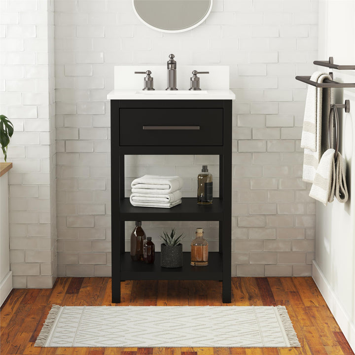 Pisa 20 Inch Bathroom Vanity with Carrera Countertop and 2 Storage Shelves - Black