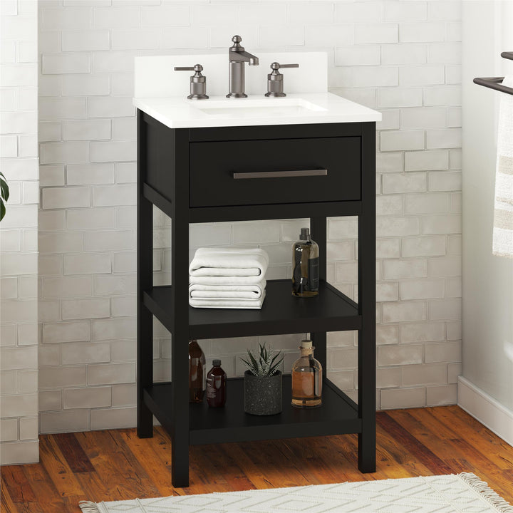Pisa 20 Inch Bathroom Vanity with Carrera Countertop and 2 Storage Shelves - Black