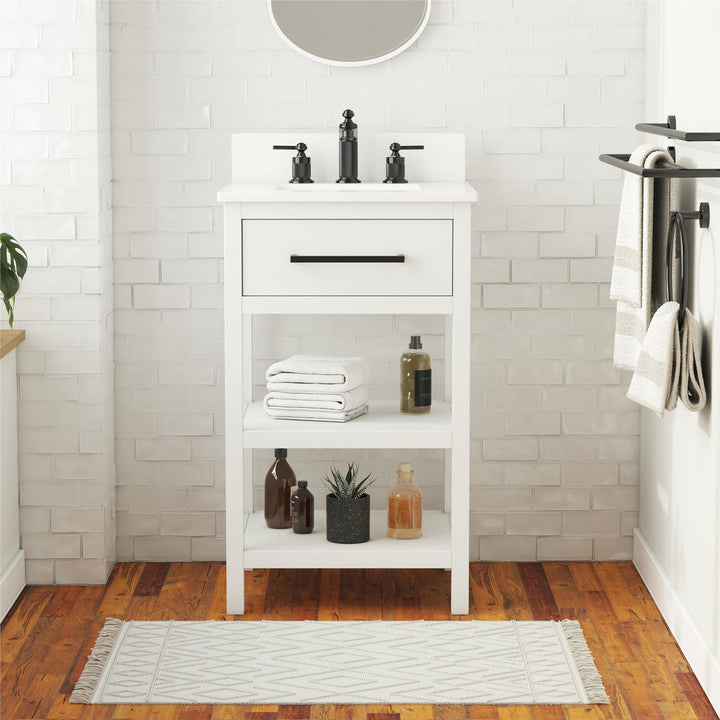 Pisa 20 Inch Bathroom Vanity with Carrera Countertop and 2 Storage Shelves - White