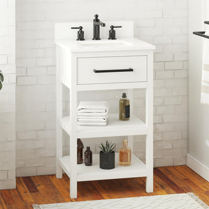 Pisa 20 Inch Bathroom Vanity with Carrera Countertop and 2 Storage Shelves - White