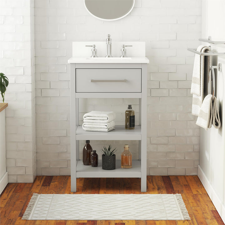 Pisa 20 Inch Bathroom Vanity with Carrera Countertop and 2 Storage Shelves - Gray