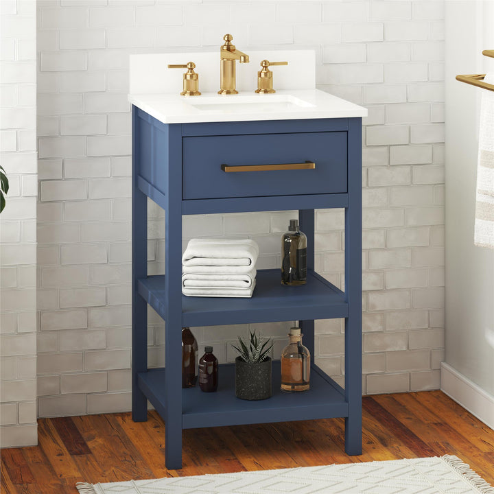 Pisa 20 Inch Bathroom Vanity with Carrera Countertop and 2 Storage Shelves - Navy