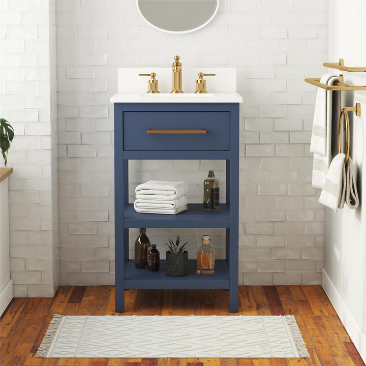 Pisa 20 Inch Bathroom Vanity with Carrera Countertop and 2 Storage Shelves - Navy