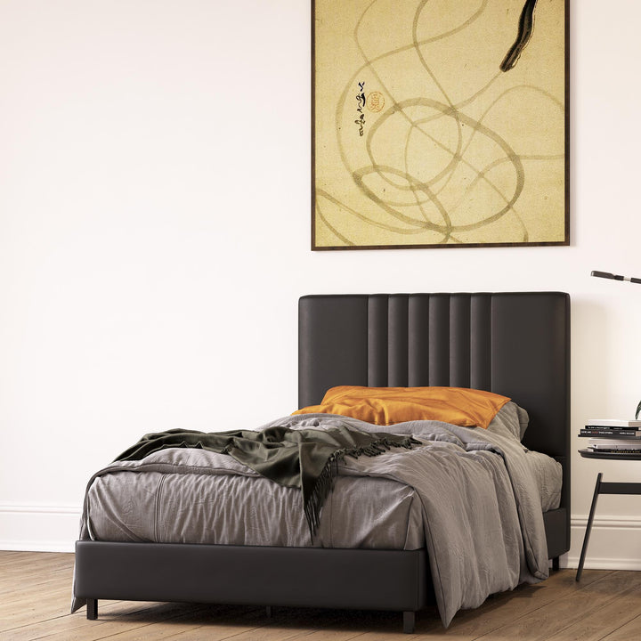 Rio Faux Leather Upholstered Platform Bed with Tufted Headboard - Black - Twin