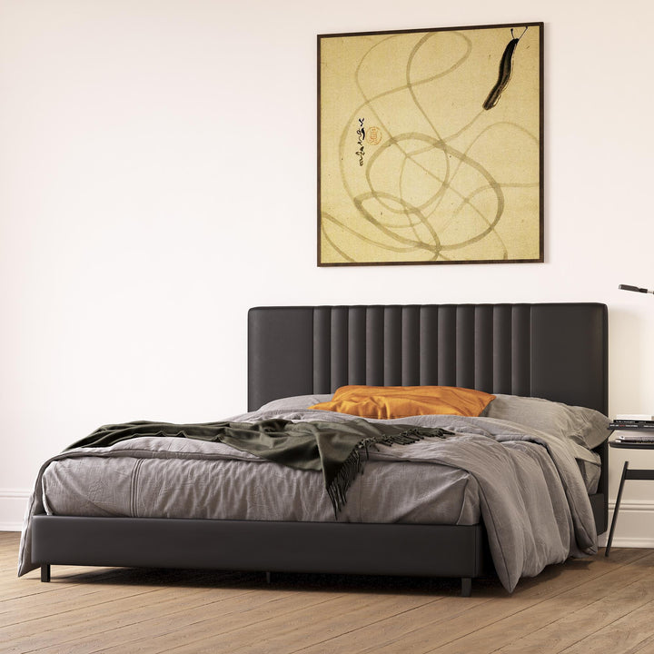 Rio Faux Leather Upholstered Platform Bed with Tufted Headboard - Black - Queen