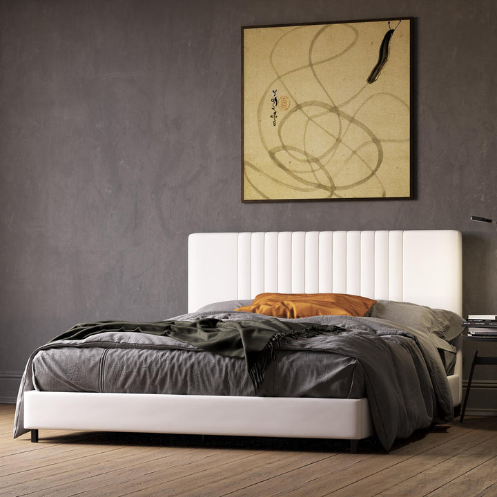 Rio Faux Leather Upholstered Platform Bed with Tufted Headboard - White - Queen