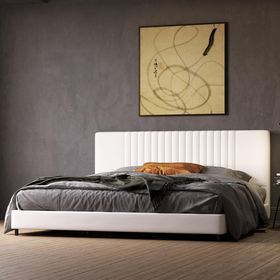 Rio Faux Leather Upholstered Platform Bed with Tufted Headboard - White - King