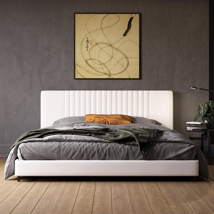 Rio Faux Leather Upholstered Platform Bed with Tufted Headboard - White - King