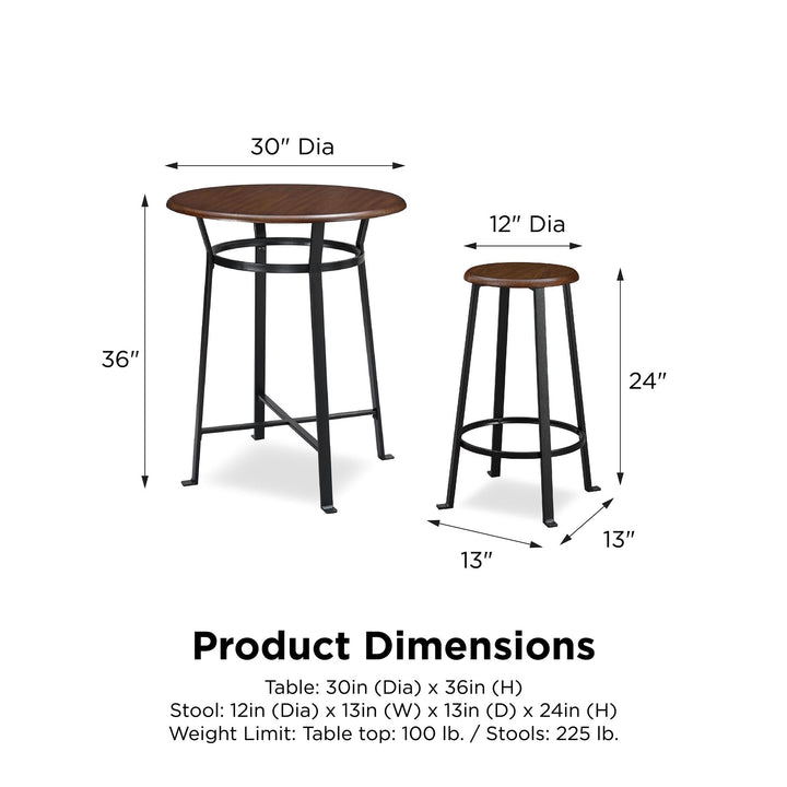 Montgomery Industrial Circular Table and 2 Stools 3-Piece Dining Set with -  Dark Mahogany