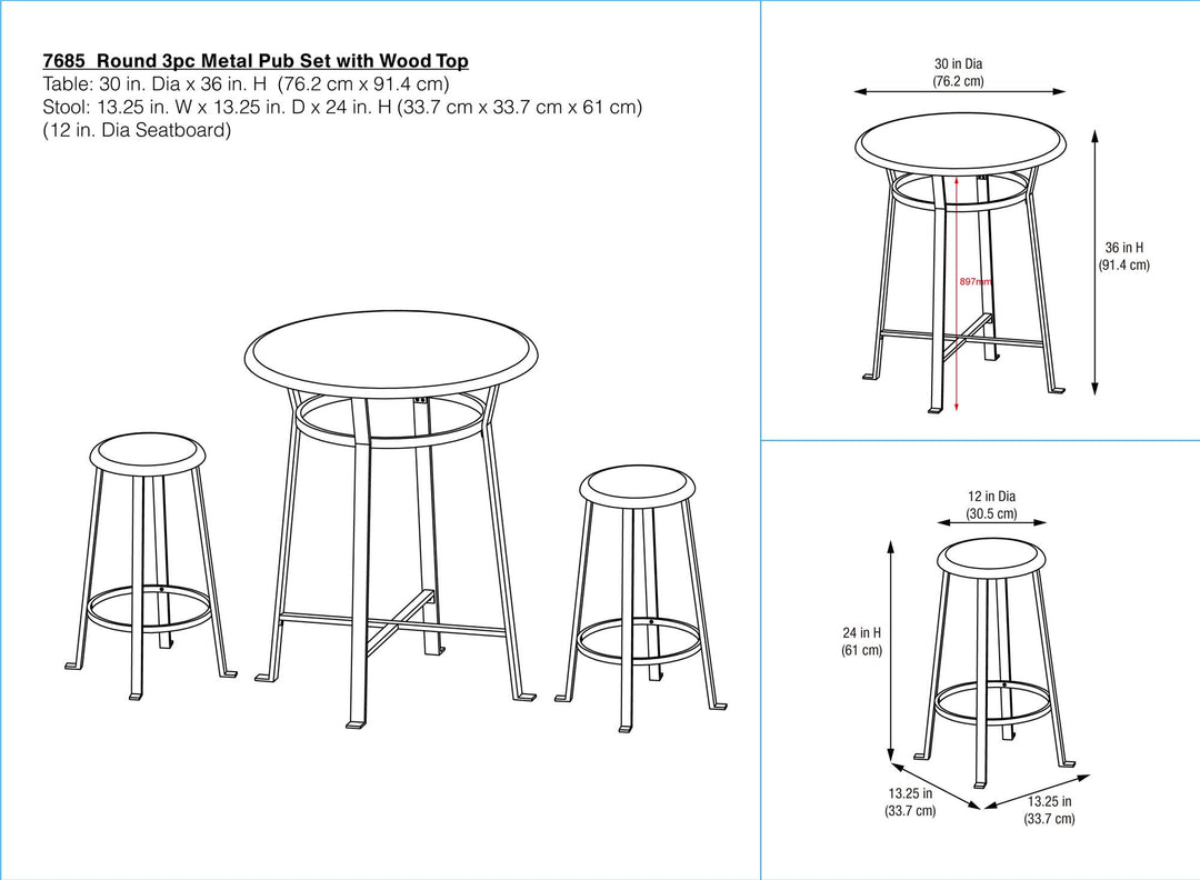 Montgomery Industrial 3-Piece Dining Set with Circular Table and 2 Bar Stools - Dark Mahogany