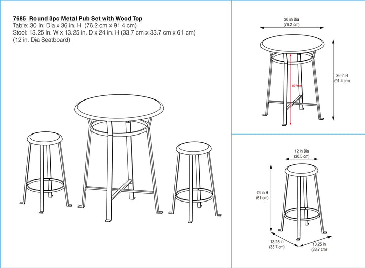 Montgomery Industrial 3-Piece Dining Set with Circular Table and 2 Bar Stools - Dark Mahogany