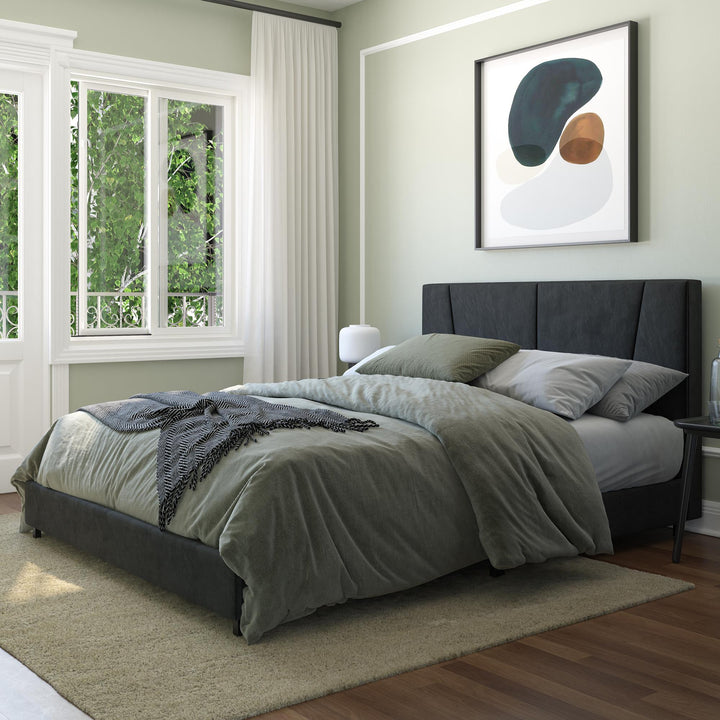 velvet bed with tufted headboard - Black - Queen Size