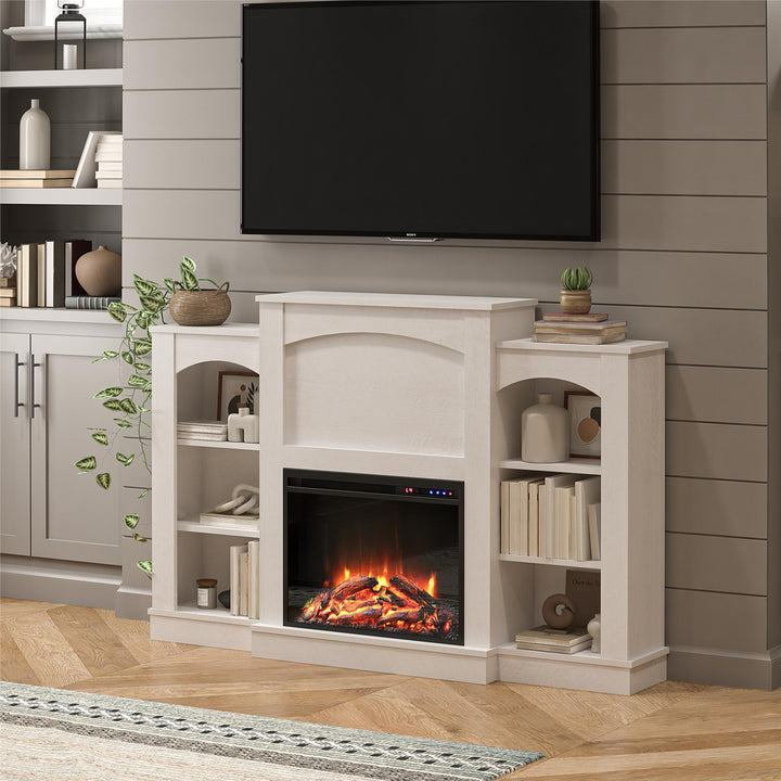 Modern Electric Fireplace Mantel with Bookshelves -  Ivory Oak
