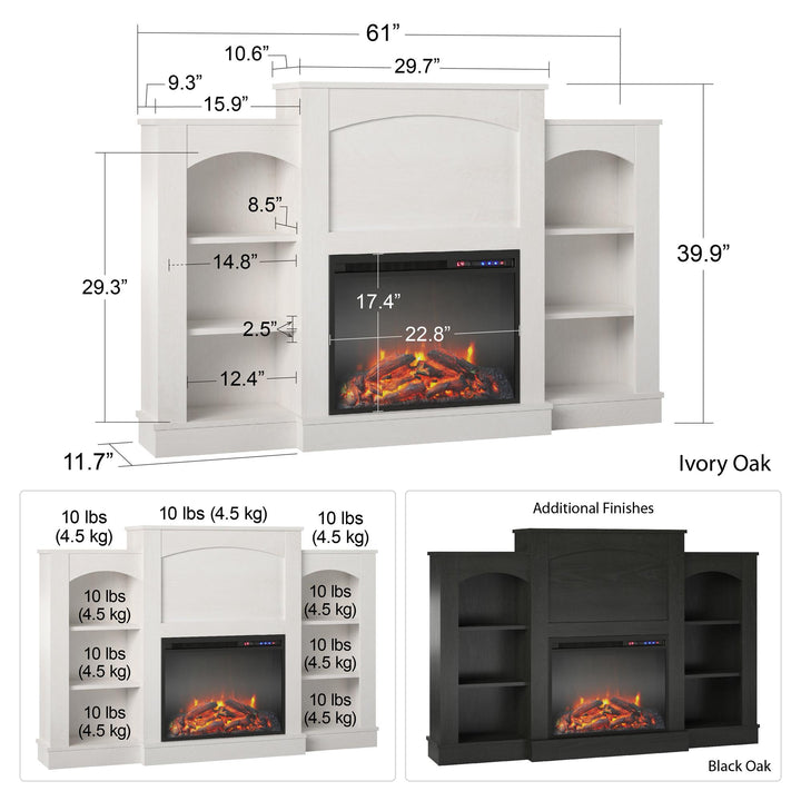 Stylish Electric Fireplace Mantel with Bookshelf Design -  Ivory Oak