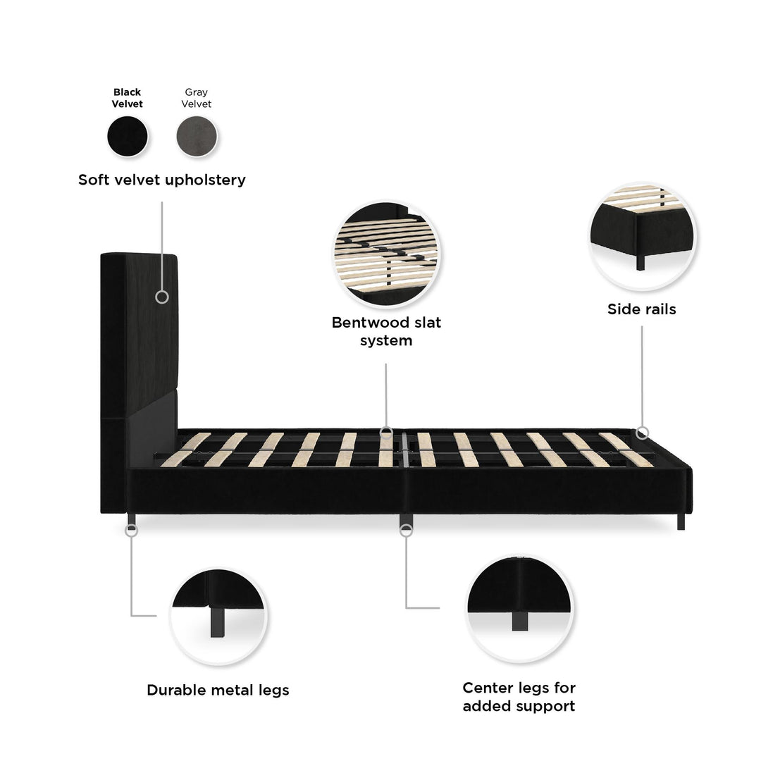 velvet platform bed - Black - Queen Size