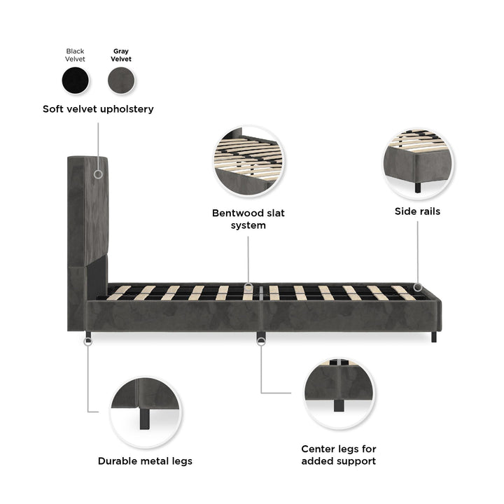 velvet platform bed - Gray - Twin Size