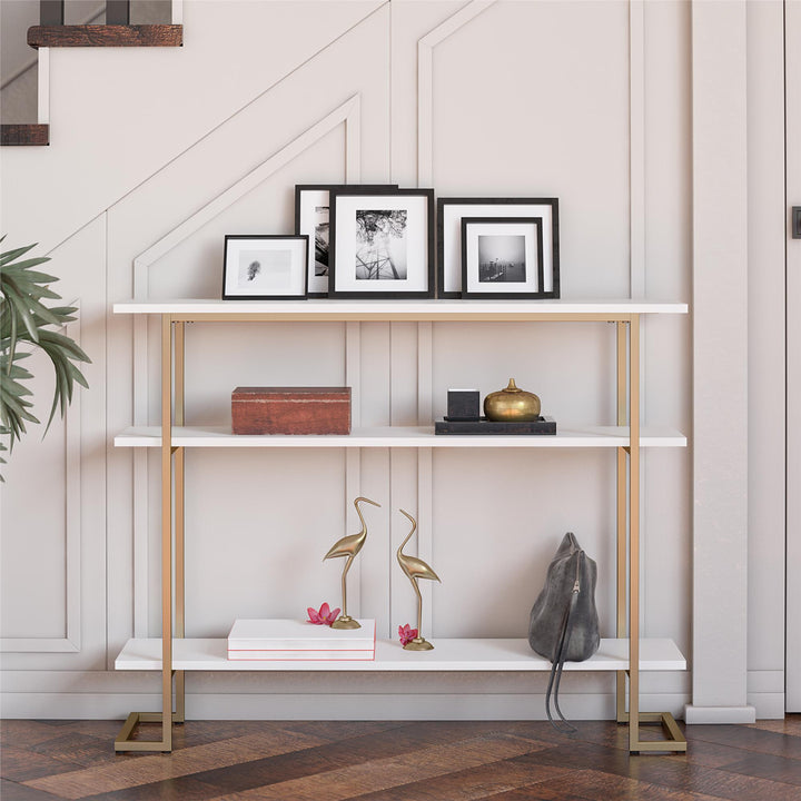 Olten Console Sofa Table with 3 Open Shelves and Metal Frame - White