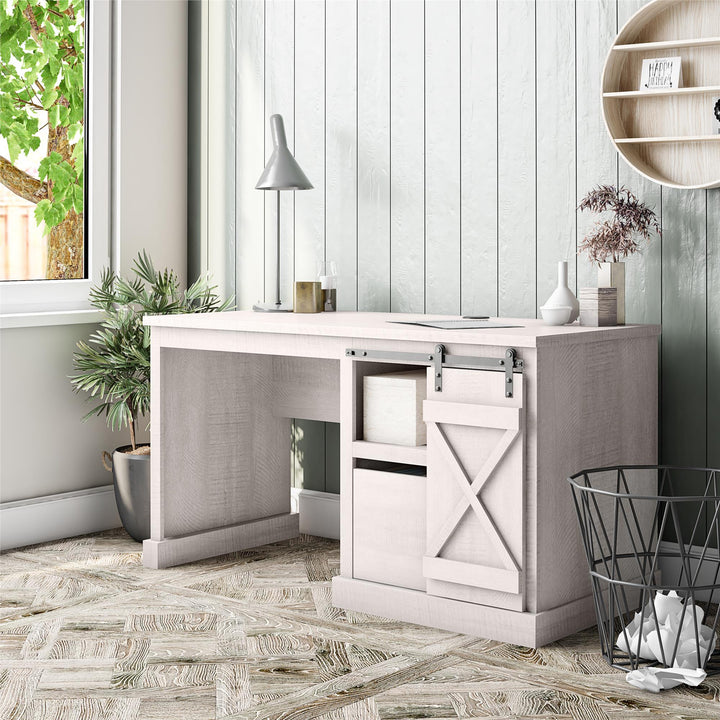Single Pedestal Computer Desk with Wireless Charger Harden Rustic -  Rustic White