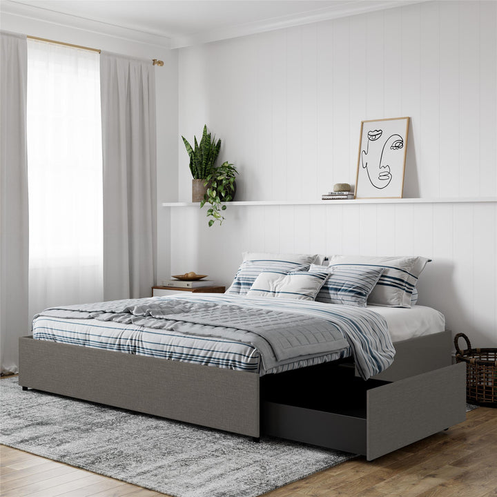 Comfortable Platform Bed with Drawers -  Grey Linen 