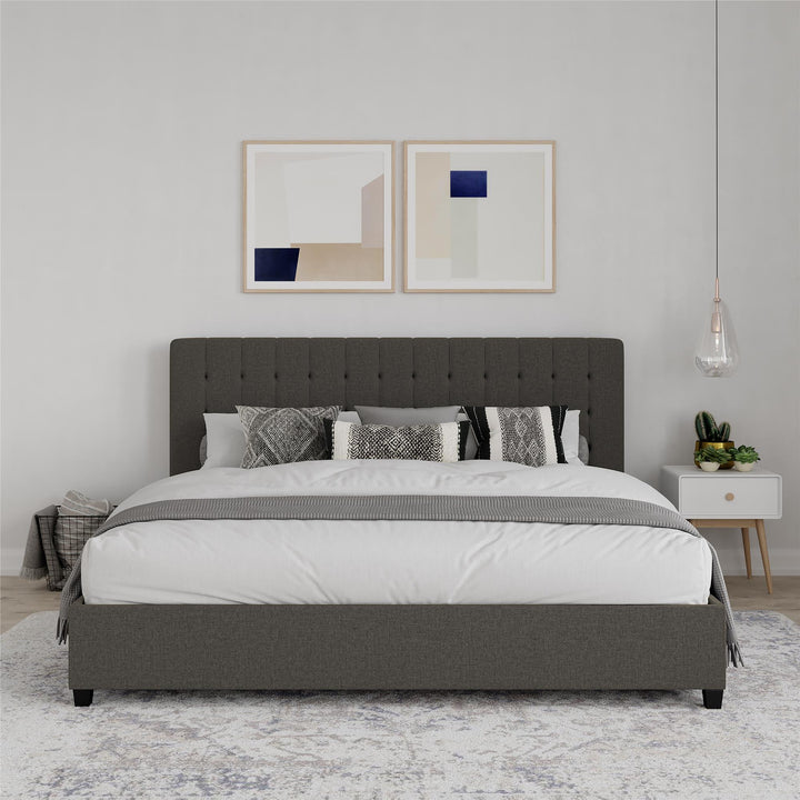 Emily Tufted Upholstered Bed with Wooden slats and Frame - Grey Linen - King