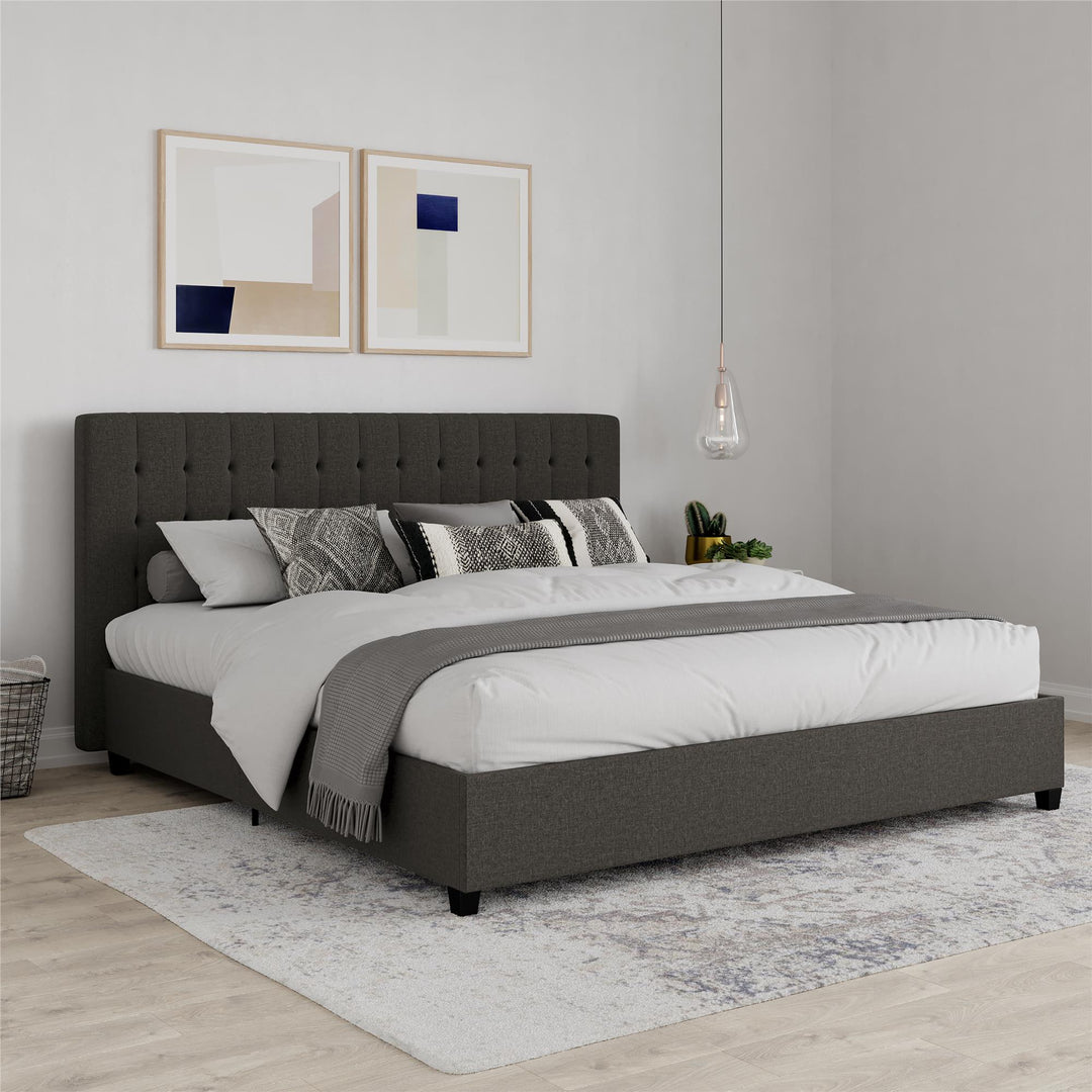 Upholstered Bed with Wooden Slats -  Grey Linen  -  King
