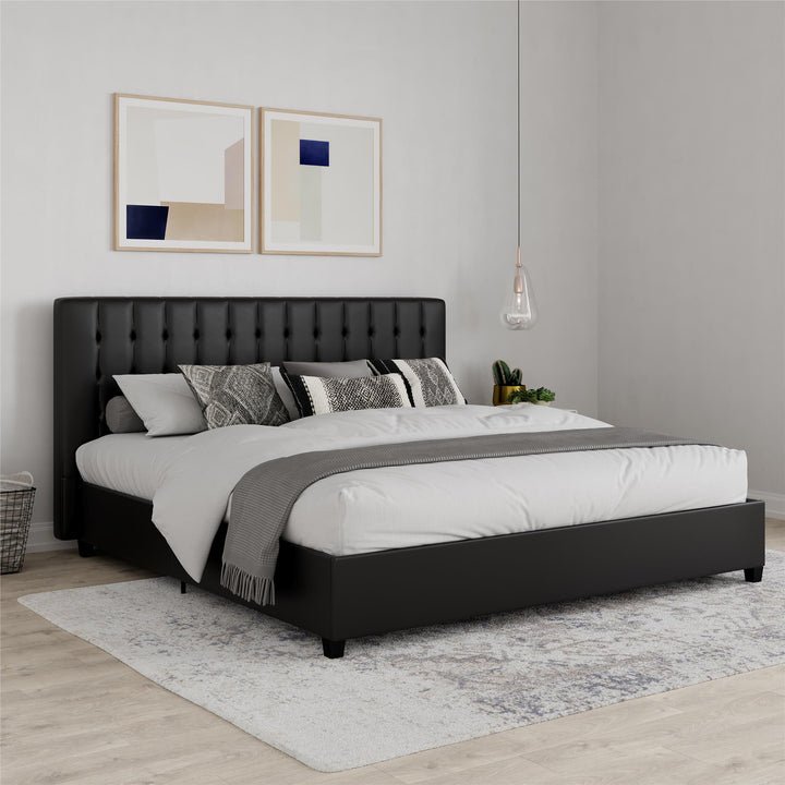 Stylish Emily Tufted Upholstered Bed -  Black Faux Leather  -  King