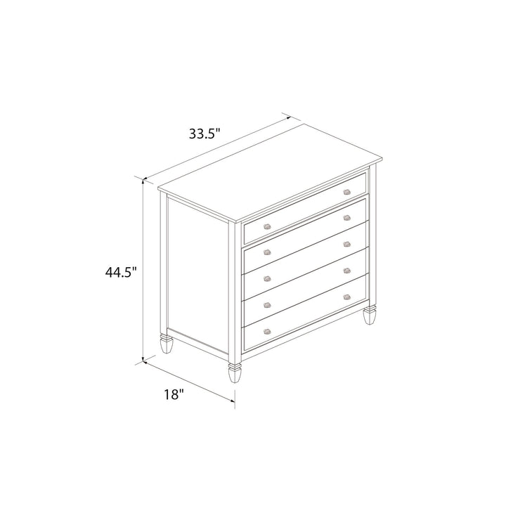RealRooms Lillian 5-Drawer Chest with Clear Acrylic Drawer Knobs and Turned Wood Feet - White