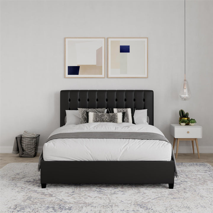 Emily Upholstered Bed with Wood Frame and Slats  -  Black Faux Leather  -  Full