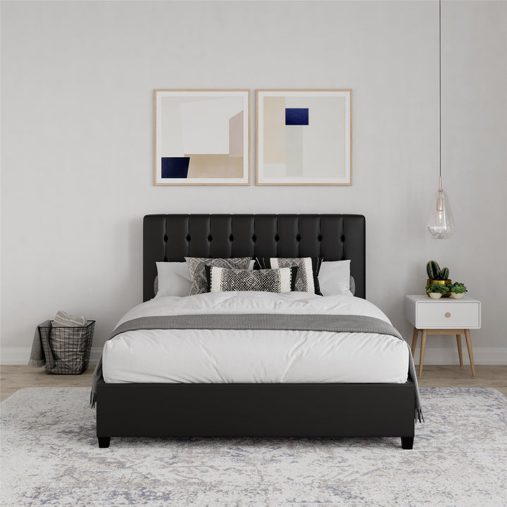 Emily Upholstered Bed with Wood Frame and Slats - Black Faux Leather - Full
