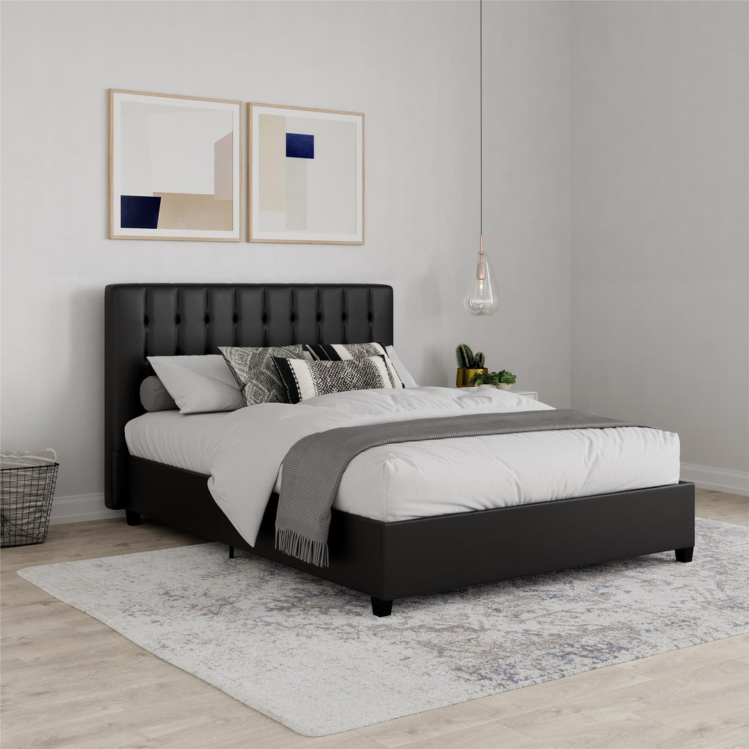 Emily Tufted Upholstered Bed with Wooden slats and Frame  -  Black Faux Leather  -  Queen