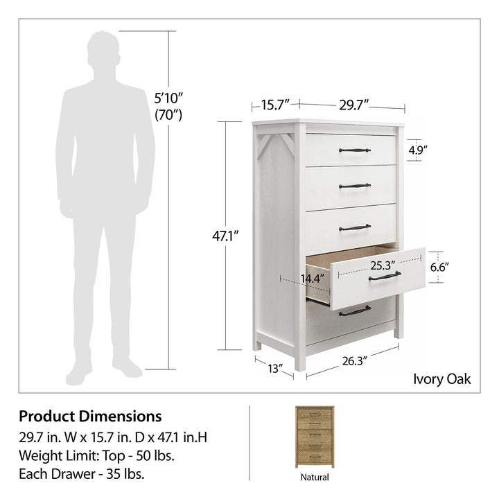 Tall Dresser with Augusta 5 Drawer and SwitchLock -  Natural