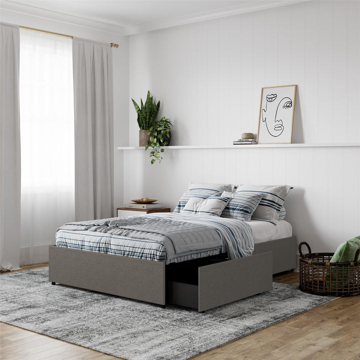 Stylish Maven Platform Bed with Rollout Drawers -  Grey Linen 