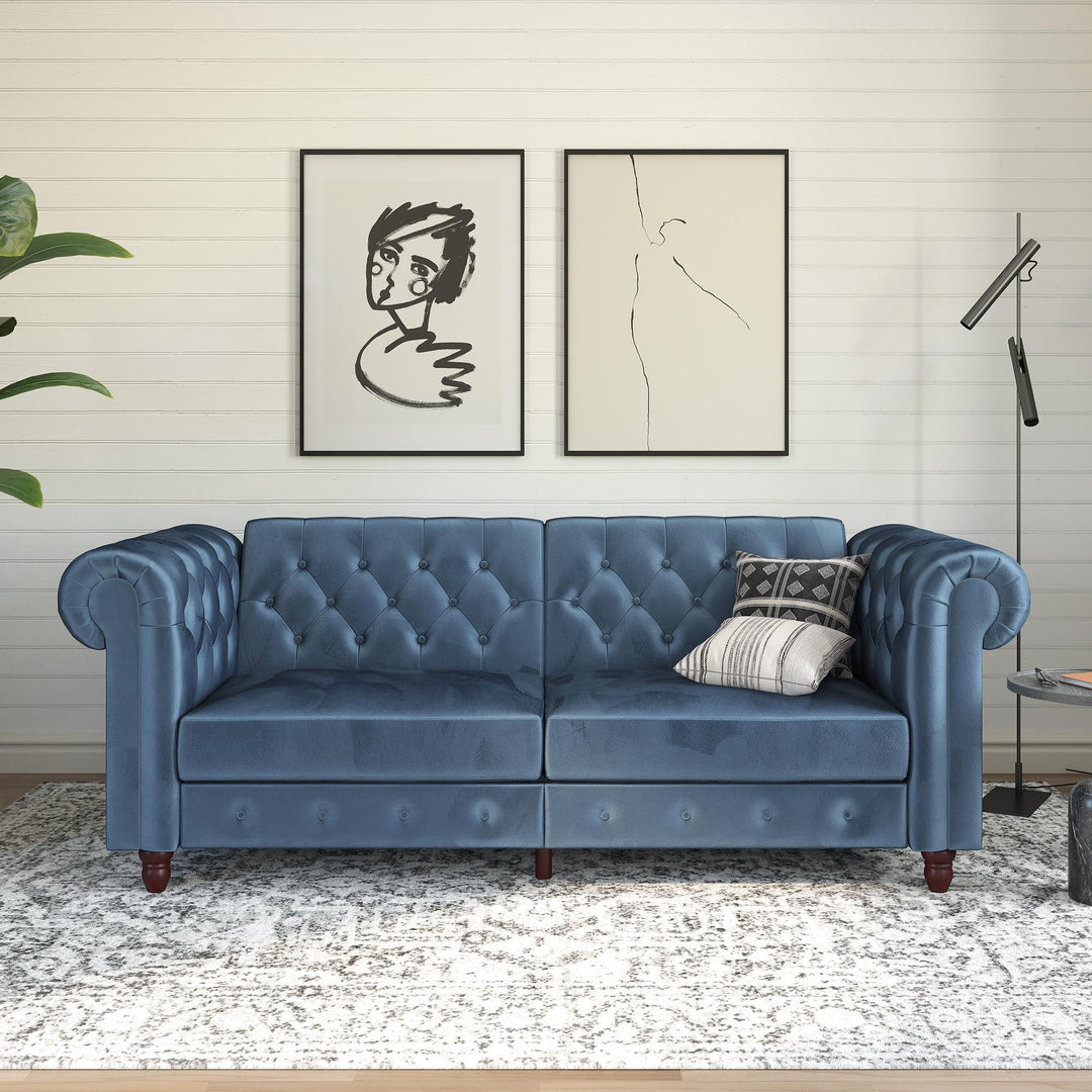 Felix Chesterfield Futon in Velvet Upholstery with Victorian Wood Padded Legs - Blue