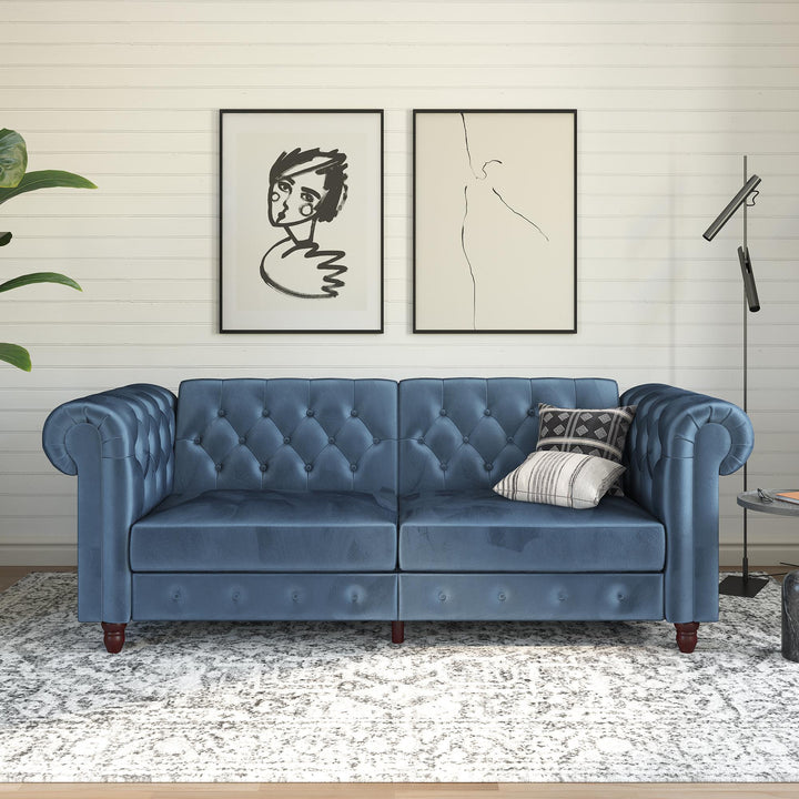 Felix Chesterfield Futon in Velvet Upholstery with Victorian Wood Padded Legs - Blue