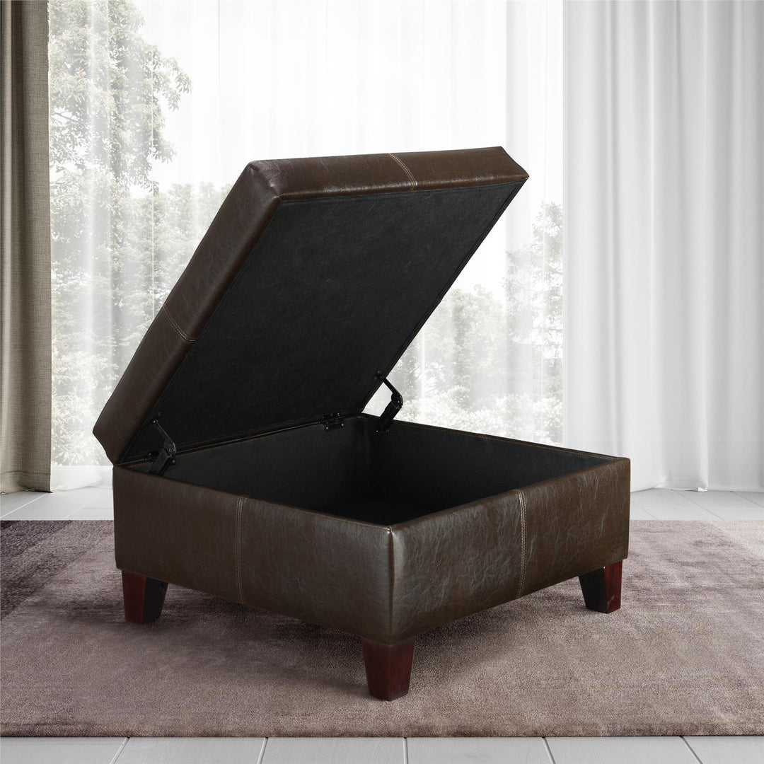Faux Leather Storage Ottoman with Solid Wood Feet Square -  Espresso