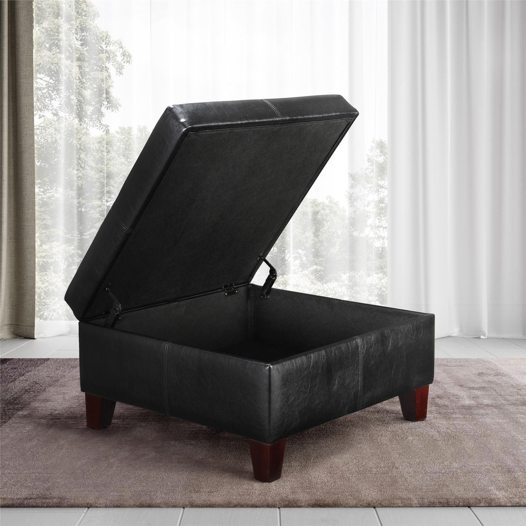 Faux Leather Storage Ottoman with Solid Feet Square Wood -  Black