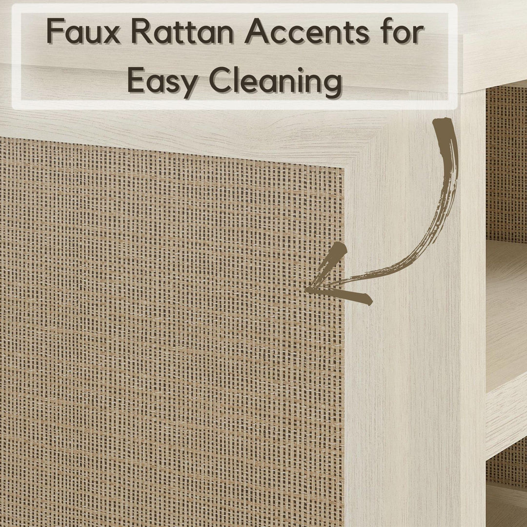 Lennon End Table with Faux Rattan and 2 Open Shelves - Ivory Oak