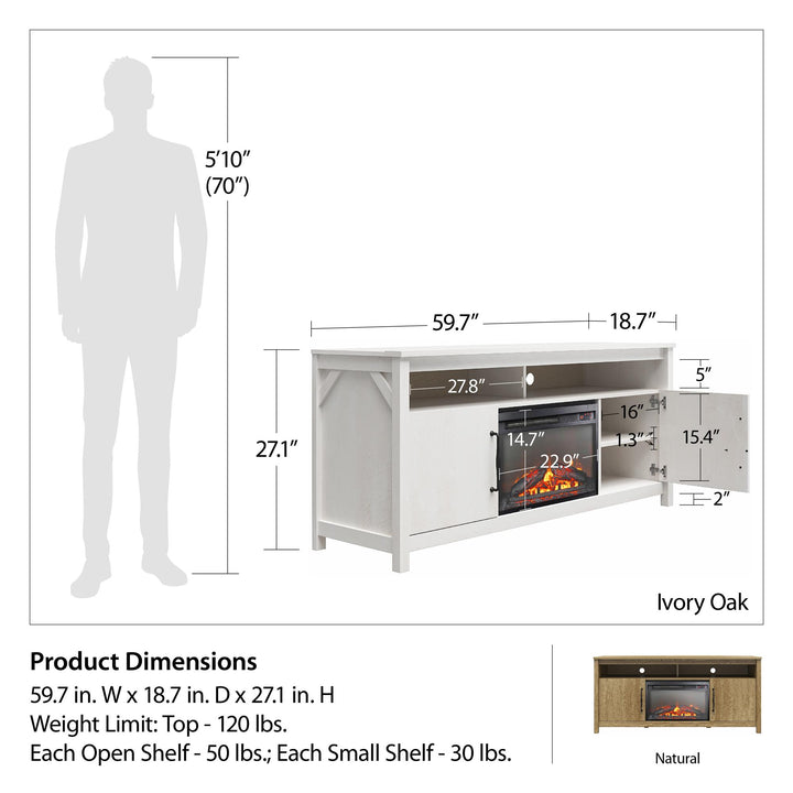 TV Console for 65 Inches with Electric Fireplace -  Natural