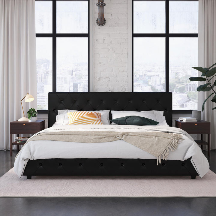 Dakota Upholstered Platform Bed With Diamond Button Tufted Heaboard - Black Faux Leather - King
