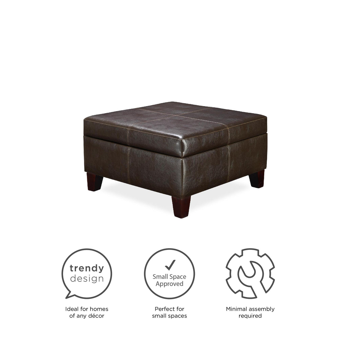 Square Faux Leather Storage Ottoman with Solid Wood -  Espresso