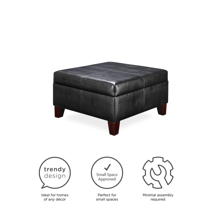 Solid Wood Square Storage Ottoman with Faux Leather Feet -  Black