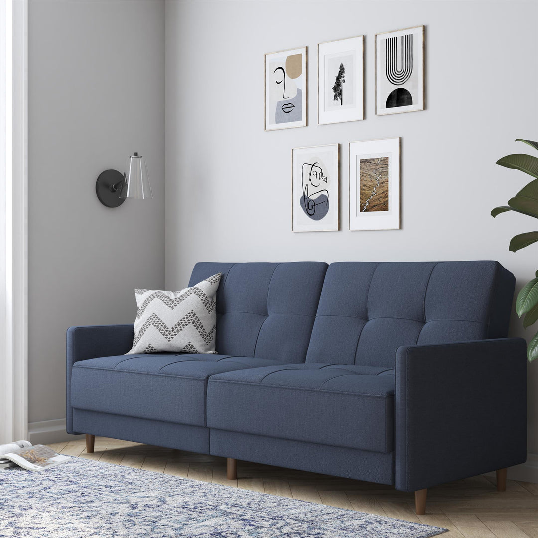 Upholstered Coil Futon with Wooden Legs -  Navy Linen