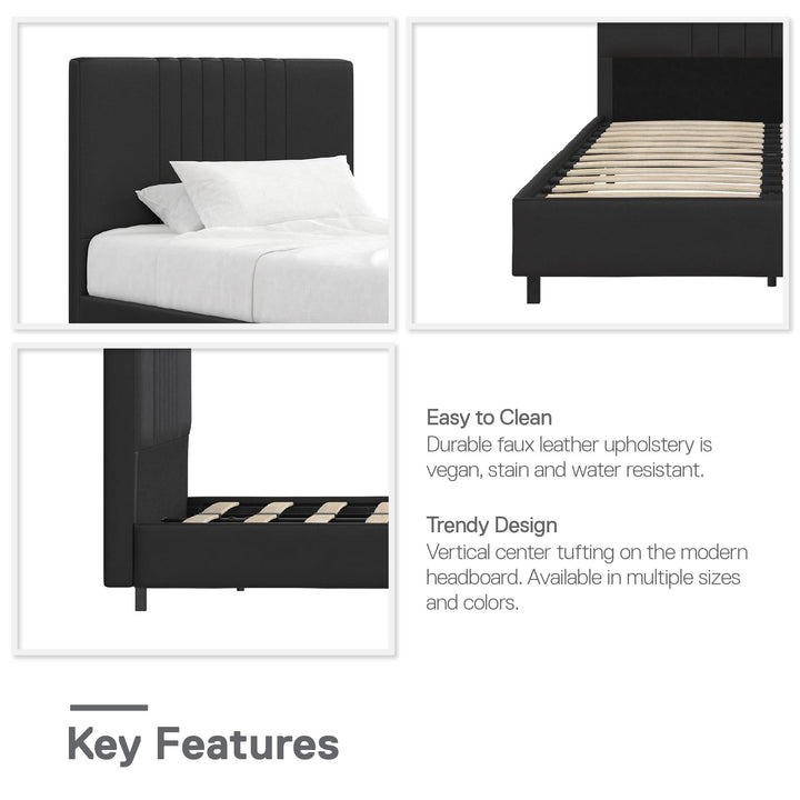 Rio Faux Leather Upholstered Platform Bed with Tufted Headboard - Black - Twin