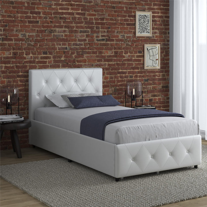 Dakota Upholstered Bed with Left Or Right Storage Drawers - White Faux leather - Twin